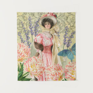 Roze Bloemrijke Victoriaanse Vrouw Regency Wandkleed