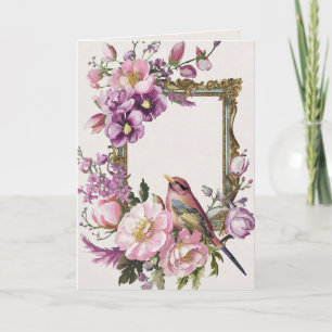 Roze bloemrijke vogel aquarel  kaart
