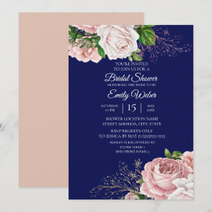 Roze Bloemrozen Navy Blauwe Bruidsmeisjesborrel Kaart