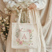 Roze bloemrozenmonogram tote bag
