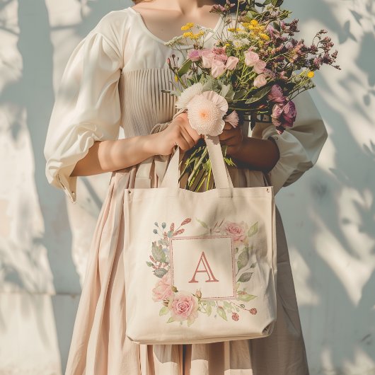 Roze bloemrozenmonogram tote bag