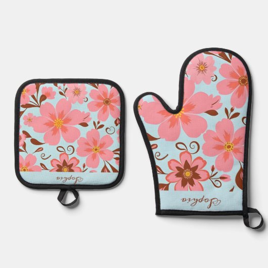 Roze Bloemstemming – Pastel Vibes-Retro bloemen Ovenwant & Pannenlap Set (Voorkant)