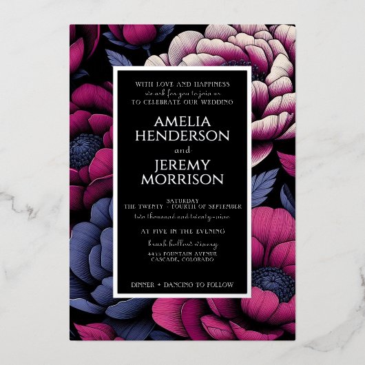 Roze Bloemstuk met Details Folie Uitnodiging (Voorkant)