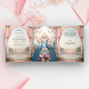 Roze Bloemstuk Pauw Koninklijke Indiase Paleis Bru Drieluik Uitnodiging