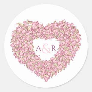 Roze bloemtulpen hart bouquet monogram ronde sticker