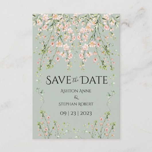 Roze bloesbloem Sage Green Wedding Save The Date (Voorkant)