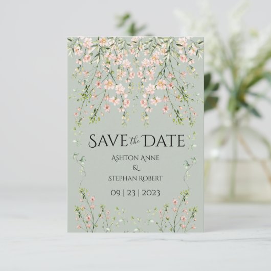 Roze bloesbloem Sage Green Wedding Save The Date (Staand voorkant)