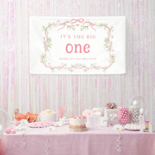 Roze Bloesem Bloemen Lijst 1e Verjaardagsfeest Spandoek