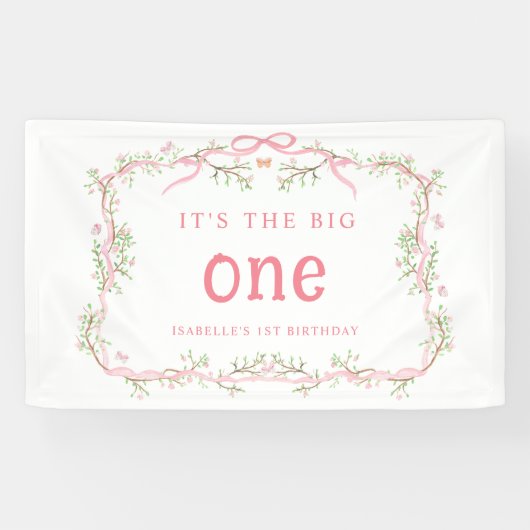 Roze Bloesem Bloemen Lijst 1e Verjaardagsfeest Spandoek (Horizontaal)