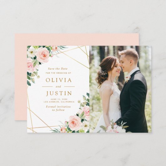 roze bloesem geometrisch sparen de datumkaart save the date (Voorkant / Achterkant)