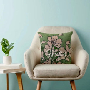 Roze Bloesem Groene Worp Kussen
