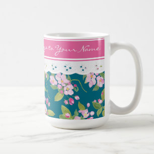 Roze bloesem op donkerblauw met faux kant koffiemok