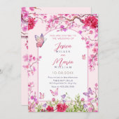 Roze bloesem vlinders bruiloft Uitnodiging (Voorkant / Achterkant)