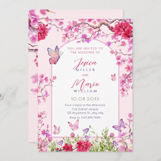 Roze bloesem vlinders bruiloft Uitnodiging (Voorkant / Achterkant)