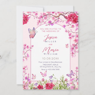 Roze bloesem vlinders bruiloft Uitnodiging