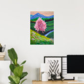 Roze Bloesemboom in groen veld Poster (Thuiskantoor)