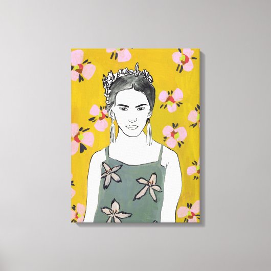Roze bloesemdame - Geel Canvas Afdruk (Voorkant)