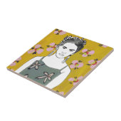 Roze bloesemdame - Geel Tegeltje (Zijkant)