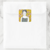 Roze bloesemdame - Geel Vierkante Sticker (Tas)