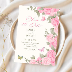 Roze bloesems bruiloft save the date
