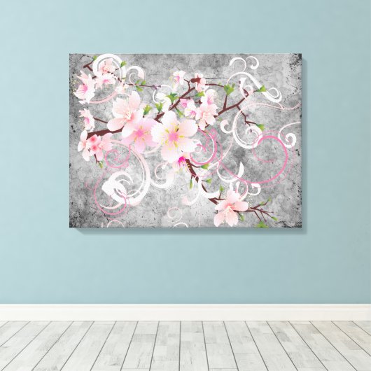 Roze bloesems canvas afdruk (Insitu (Houten vloer))
