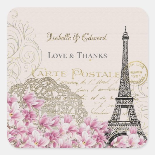  roze bloesems Paris Eiffeltoren Weddenschap Vierkante Sticker (Voorkant)