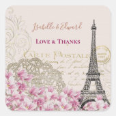 roze bloesems Paris Eiffeltoren Weddenschap Vierkante Sticker (Voorkant)