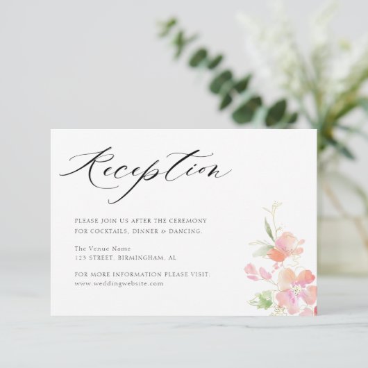 Roze blos Bloemen Grijs bruiloft receptie kaart (Staand voorkant)