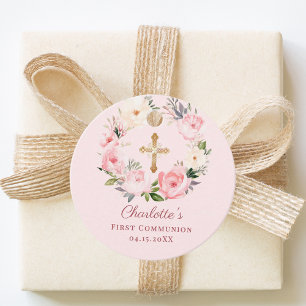 Roze blos bloemenkrans Eerste Communie DIY Bedankjes Labels