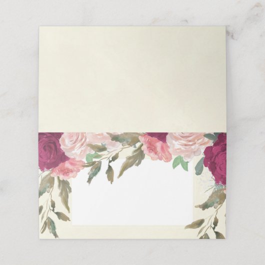 Roze blos bordeaux bloemenivoor bruiloft placecard (Buitenkant ongevouwen)