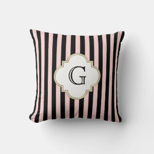 Roze Blos, Zwarte Streep Witte Monogram Label Kussen