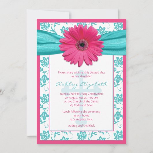 Roze Blue Daisy Damask First Community Invitation Kaart (Voorkant)