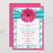 Roze Blue Daisy Damask First Community Invitation Kaart (Voorkant / Achterkant)