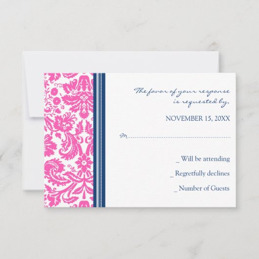 Roze Blue Damask RSVP Weddenskaart (Voorkant)