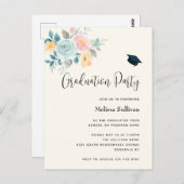 Roze & Blue Flower Bouquet Afstuderen Invitation Briefkaart (Voorkant / Achterkant)