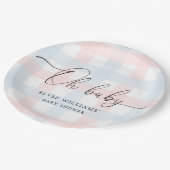 Roze Blue Gingham Oh Baby Papieren Bordje (Gekanteld)