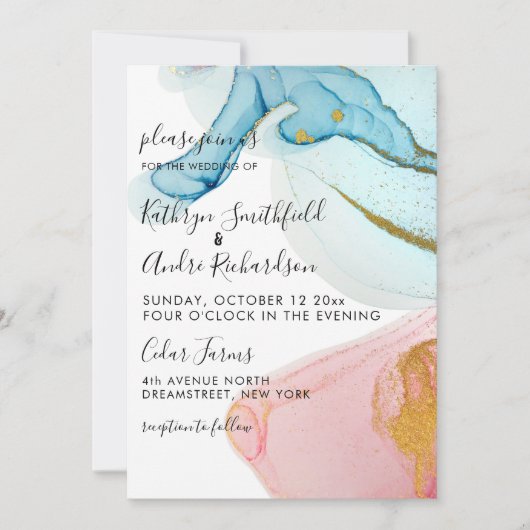 Roze Blue Gold Waterverf Weddenschap Kaart (Voorkant)