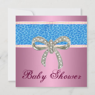 Roze Blue Leopard Diamond Bow Baby shower Invite Kaart