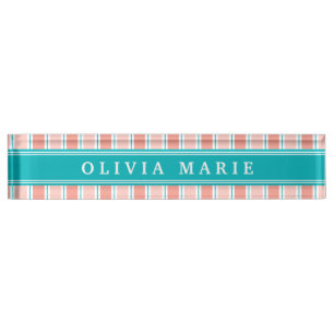 Roze Blue White Stripe Pattern met naam Naambordje