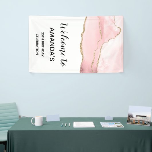 Roze Blush Agate met Gold Ribbon Elegant Birthday Spandoek (Beurs)