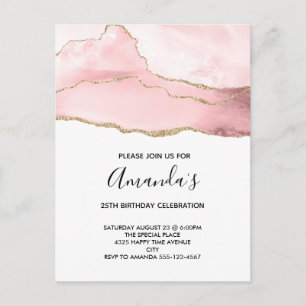 Roze Blush Agate met Gold Ribbon Elegant Birthday Uitnodiging Briefkaart