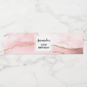 Roze Blush Agate met Gold Ribbon Elegant Birthday Waterfles Etiket
