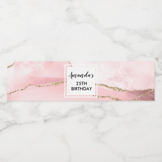 Roze Blush Agate met Gold Ribbon Elegant Birthday Waterfles Etiket (Enkel label)