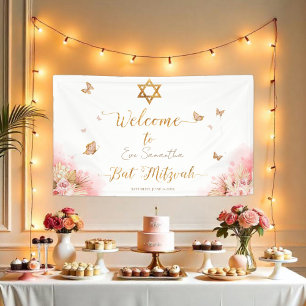 Roze Blush Bat Mitzvah welkomstgebanners Spandoek