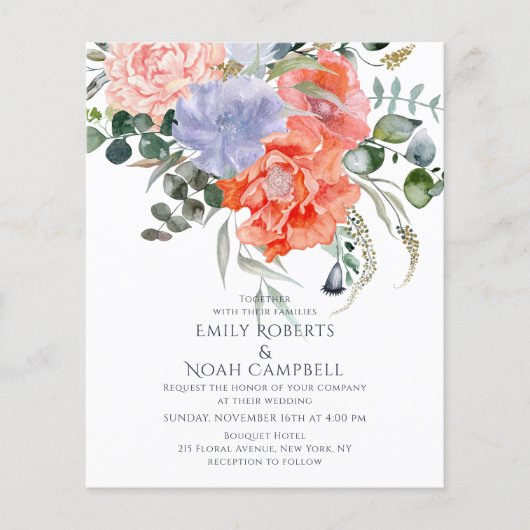 Roze Blush & Blauwe Aquarel Bloem Bruiloft Flyer (Voorkant)