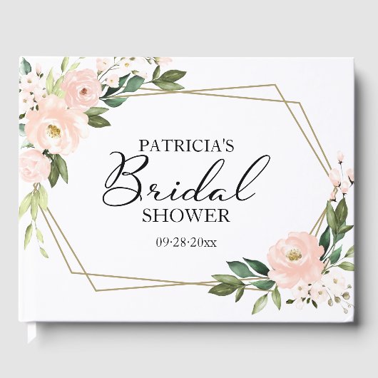 Roze Blush Bloem Gouden Geometrische Bruidsdouche Gastenboek (Voorkant)