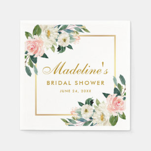 Roze Blush Bloem Gouden Lijst Bruiloft Servet