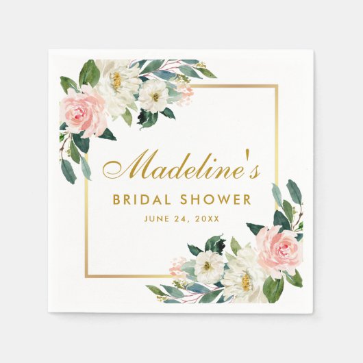 Roze Blush Bloem Gouden Lijst Bruiloft Servet (Voorkant)