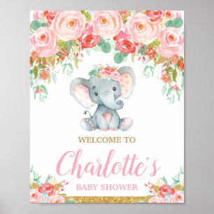 Roze Blush Bloem Olifant Baby Shower Welkom Poster