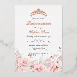 Roze Blush Bloem Roze Gouden Vlinder Quinceanera Folie Uitnodiging